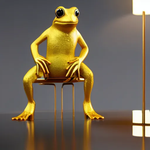 Prompt: octane render of an anthropomorphic golden frog sitting in a chair in an office, very detailed, very intricate, dslr,