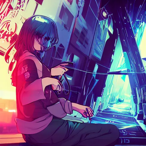 Image similar to Frequency indie album cover, luxury advertisement, blue filter, blue and black colors. Clean and detailed post-cyberpunk sci-fi close-up schoolgirl in asian city in style of cytus and deemo, blue flame, relaxing, calm and mysterious vibes, by Tsutomu Nihei, by Yoshitoshi ABe, by Ilya Kuvshinov, by Greg Tocchini, nier:automata, set in half-life 2, Matrix, GITS, Blade Runner, Neotokyo Source, Syndicate(2012), dynamic composition, beautiful with eerie vibes, very inspirational, very stylish, with gradients, surrealistic, dystopia, postapocalyptic vibes, depth of field, mist, rich cinematic atmosphere, perfect digital art, mystical journey in strange world, beautiful dramatic dark moody tones and studio lighting, shadows, bastion game, arthouse