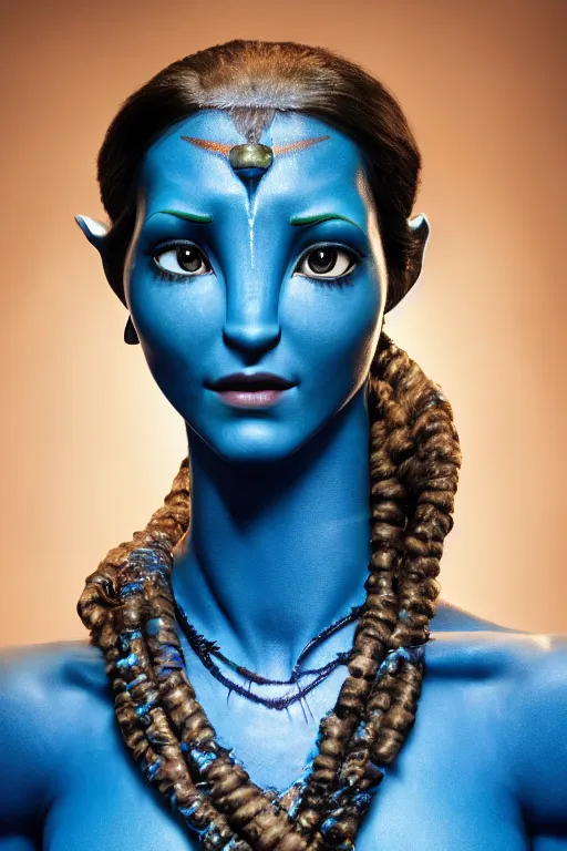 Image similar to photograph of a blue-skinned female navi from avatar, high resolution film still, 8k, HDR colors, cosplay, studio lighting, photo by bruce weber