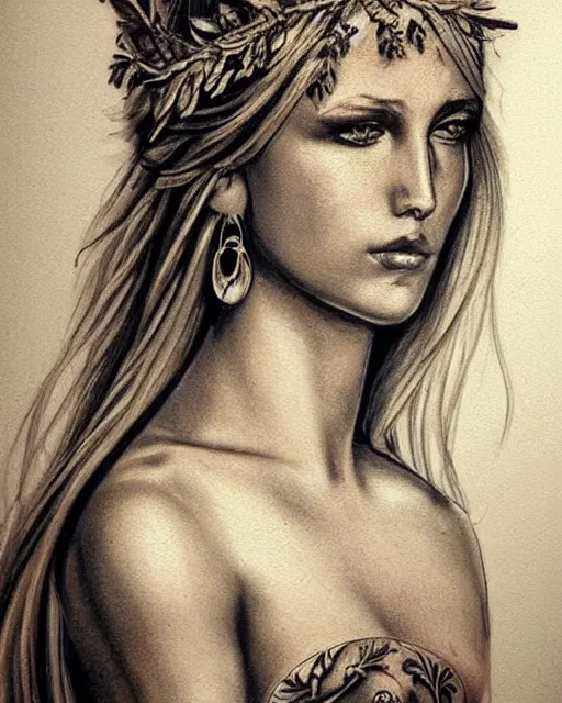 Image similar to realism tattoo sketch of a beautiful blonde woman as a beautiful greek goddess aphrodite with piercing eyes wearing a laurel wreath and triangle earrings, in the style of greg rutkowski, amazing detail