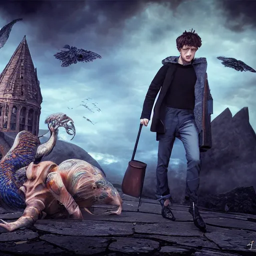 Image similar to hyperrealistic mixed media high resolution, scamander from harry potter with his creatures , stunning 3d render inspired art by István Sándorfi and Greg Rutkowski and Unreal Engine, perfect symmetry, dim volumetric lighting, 8k octane beautifully detailed render, post-processing, extremely hyper-detailed, intricate, epic composition, highly detailed attributes, highly detailed atmosphere, full body shot, cinematic lighting, masterpiece, no trending on artstation, very very detailed, masterpiece, stunning, flawless structure, lifelike texture, perfection,