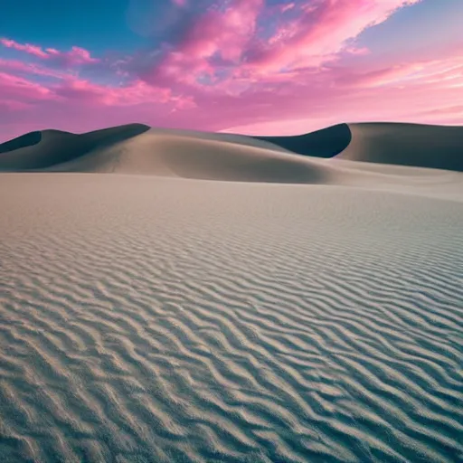 Prompt: endless desert dunes in front of a pink sky, surreal,