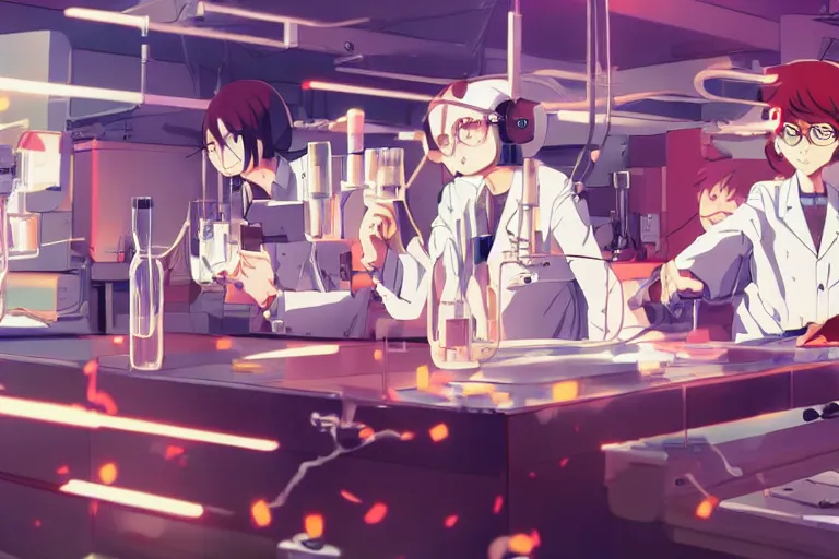 Image similar to anime still of reckless!!! whimsical! trippy scientists in a lab inventing, presentation, scattered tables overloaded with doomsday devices and beakers and test tubes, by makoto shinkai yoshinari yoh ilya kuvshinov