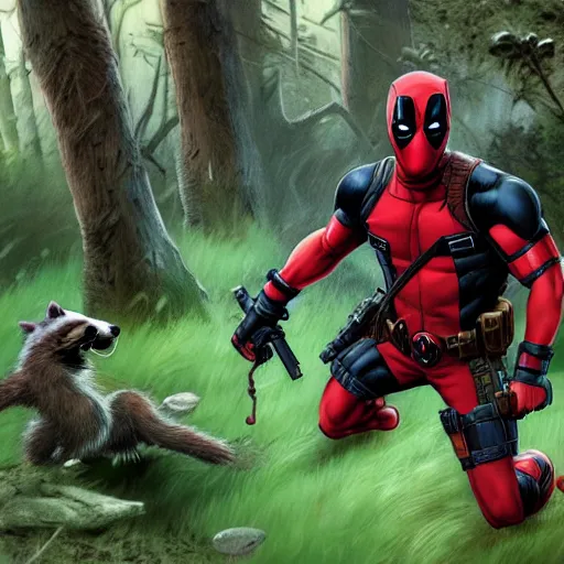 Image similar to deadpool and rocket raccoon in the woods digital art 4 k detailed