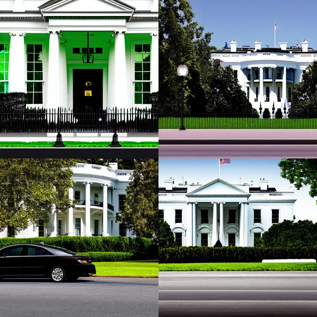 Prompt: black car with green doors, In front of a white house, photo, ultra realistic, 8k