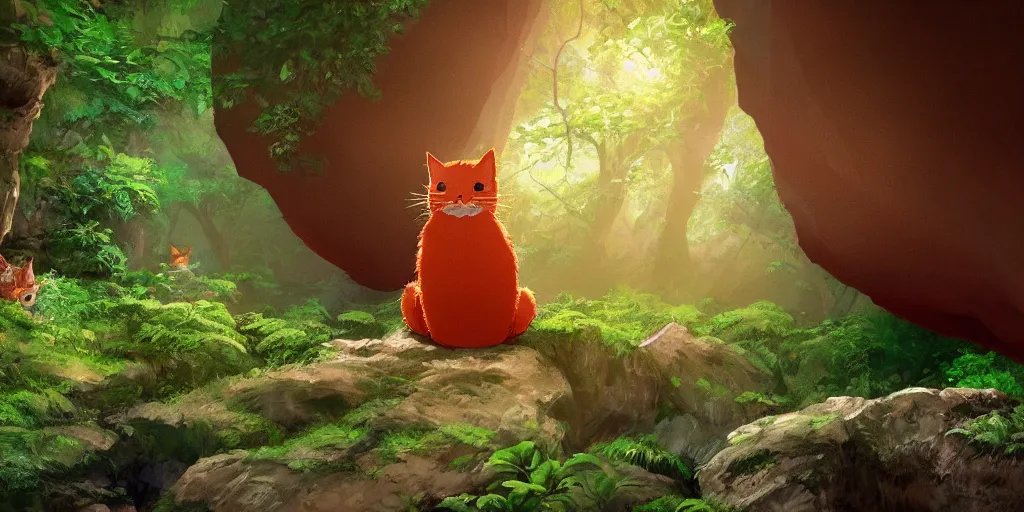 Image similar to red cat shaped like totoro looking into large cave entrance in a lush forest, beautiful ambiance, sunset, studio ghibli style, by hayao miyazaki, sharp focus, highly detailed, 4k