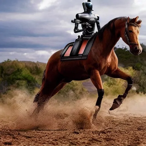 Image similar to a robot riding a horse, hyperrealistic, National Geographic photo, as coherent as Dall-E 2