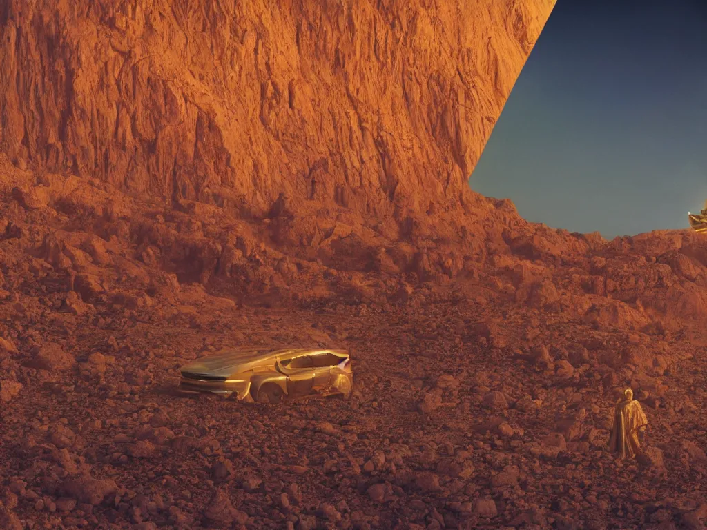 Image similar to glowing bene gesserit in full - face golden mask in a dry rocky desert landscape with abandoned city beneath the sand and giant alien spaceship in the sky attacks the earth by christopher doyle and alejandro jodorowsky, anamorphic lens, kodakchrome, cinematic composition, very detailed photo, 8 k,