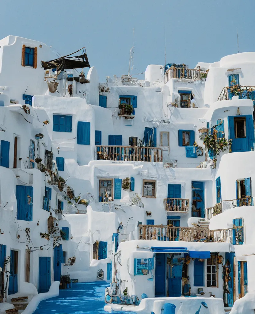 Image similar to studio ghibli white steampunk house with a blue roof, in mykonos, the greek isles, 35mm photography