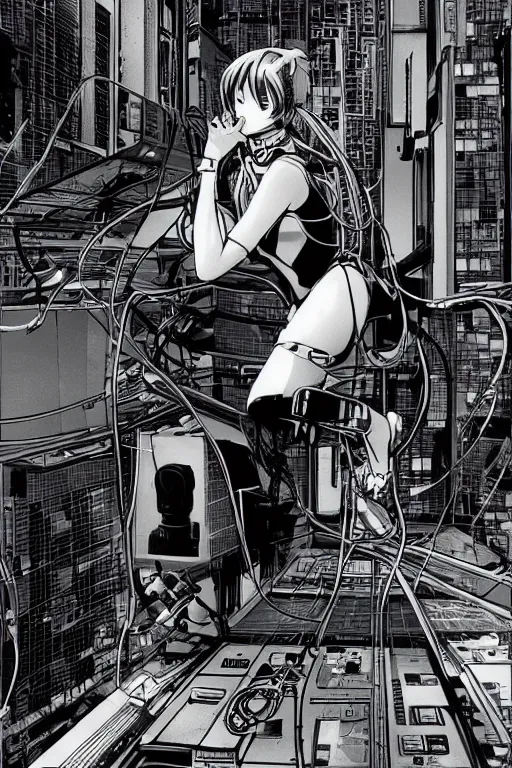 Image similar to awe inspiring cyberpunk anime style illustration of a. female android seated on the floor in a tech labor, seen from the side with her back open showing a cables and wires coming out, by masamune shirow and katsuhiro otomo, japan, 1980s, dark