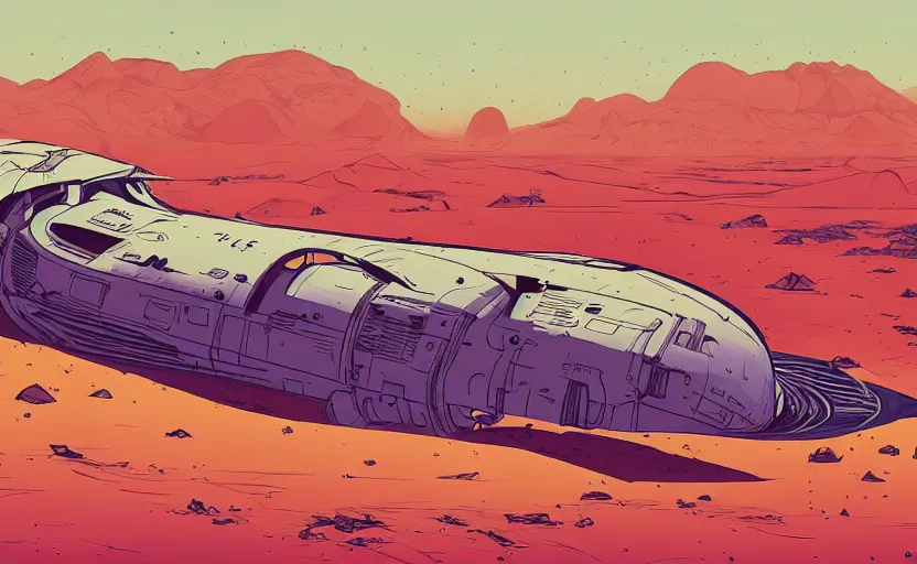 Prompt: very detailed, ilya kuvshinov, mcbess, rutkowski, illustration of a giant crashed space ship on a desert planet, wide shot