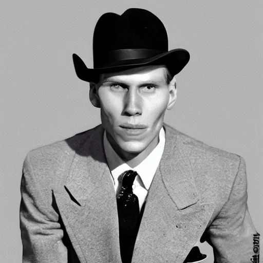 Image similar to A photograph portrait of Jerma985 wearing a suit with and fedora in the 1940s, taken in the early 1940s, grainy, taken on a 940s Kodak Camera, realistic, hyperrealistic, very realistic, highly detailed, very detailed, extremely detailed, detailed, digital art, trending on artstation