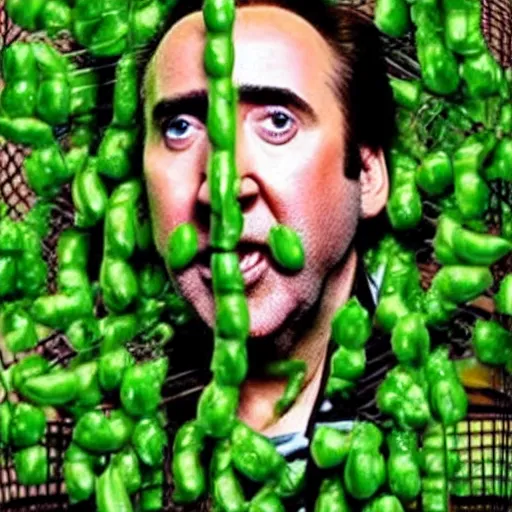 Image similar to nicolas cage trapped in a wicker cage with peas on his face, looking up, not the bees