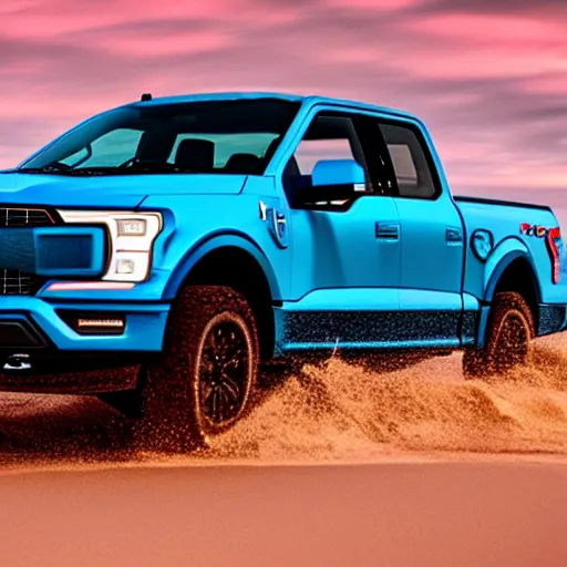 Image similar to Ford F150 Hydro Blue 2022 Truck on a Red Sand Beach at sunset