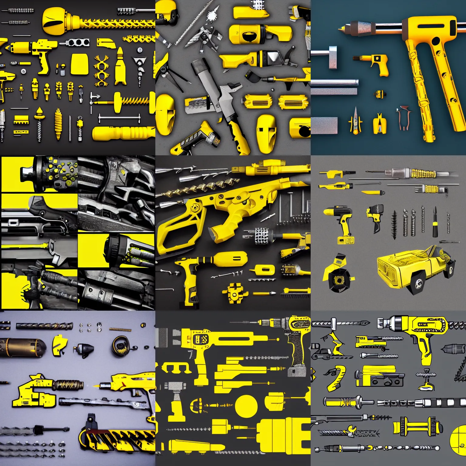 Prompt: yellow + weapons + equipment + drill + truck + car + machine + diamond bit + twist power + cyberpunk,