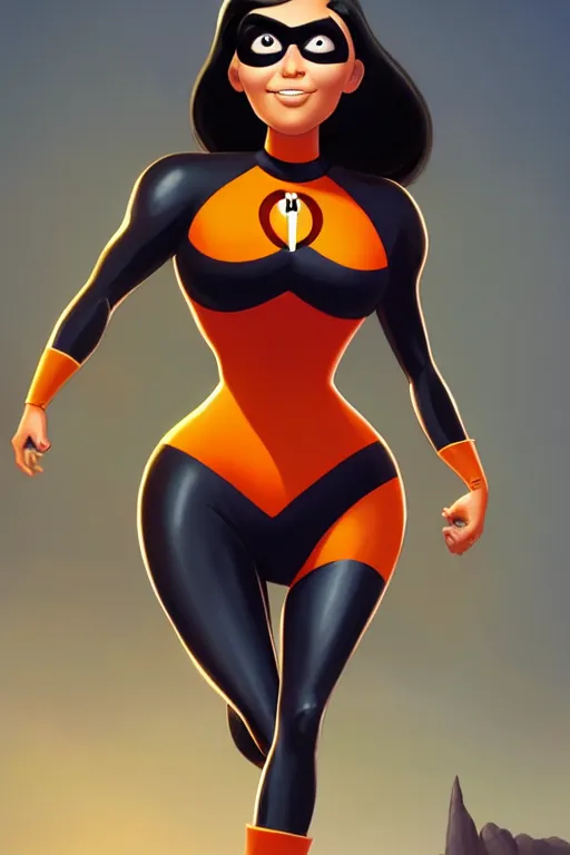 Image similar to kim kardashian as elastic girl from the incredibles, highly detailed, digital painting, trending on artstation, concept art, sharp focus, illustration, art by artgerm and greg rutkowski and fuji choko and viktoria gavrilenko and hoang lap