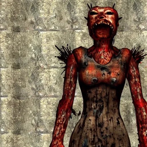 Prompt: a giant doll monster covered in rust, silent hill 3