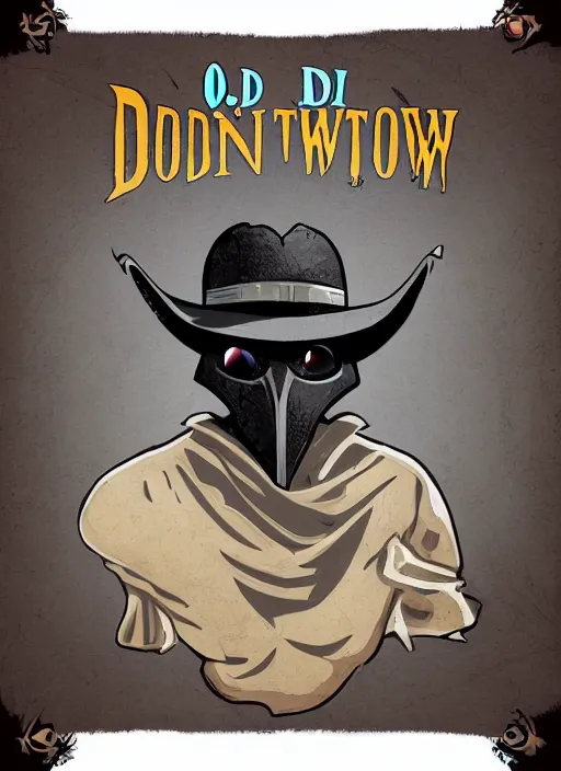 Prompt: box art style and d & d style, detailed handsome cowboy plague doctor, old western town background