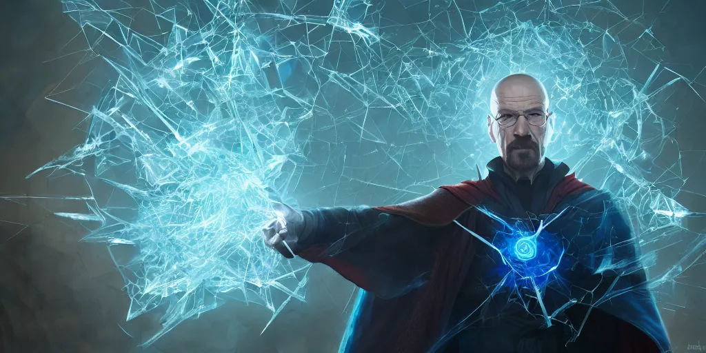 Prompt: walter white as doctor strange, long shadow, light colors, blue magic, ice, blue ice, by greg rutkowski, multiple dimensions, shattered glass, refractions, highly detailed, environmental light, cinematic by francis tnehunreal, octane render, nvidia, concept art