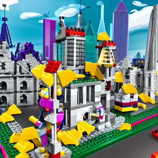 Image similar to unicorns drop giant blocks of cheese on lego city