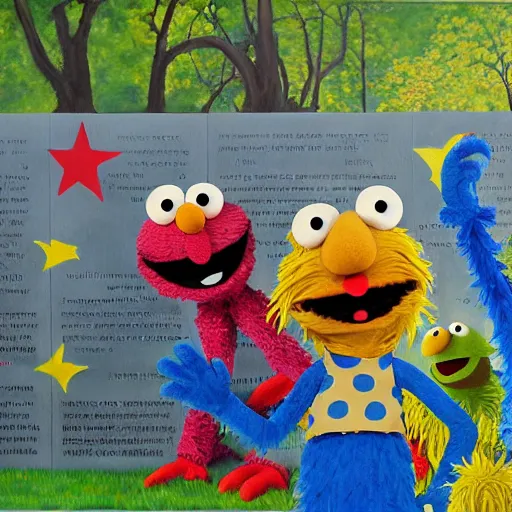 Image similar to Sesame Street characters at the Vietnam War Memorial, realistic, oil painting, by Russell Drysdale