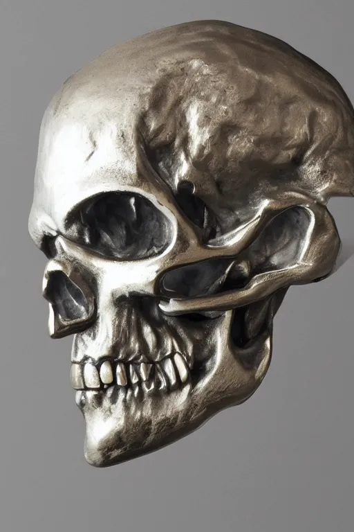 Image similar to opened head showing part of the silver skull sculpture by bernini and hedi xandt made with black marble with partial gold plating, realistic