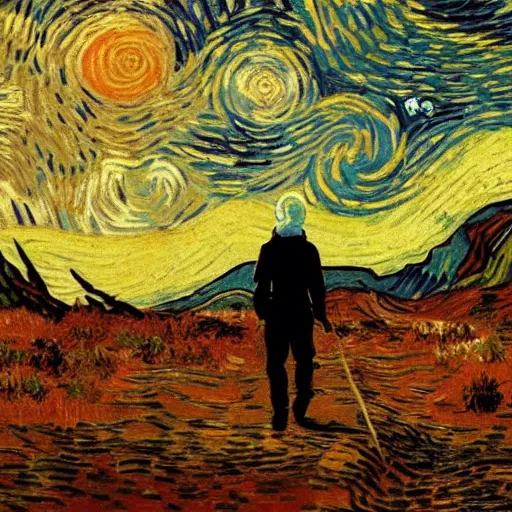 Image similar to weary traveller wandering through an alien world, by van gogh, 4 k, beautiful, cinematic dramatic