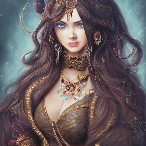 Prompt: A beautiful detailed portrait of a tempting young beautiful female fantasy sorceress with fair skin and long dark brown hair dressed in ornate magical clothing by Kirbi Fagan, trending on artstation