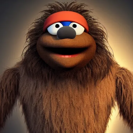 Image similar to a still of a forgotten muppet character looking very manly and modern, hilarious, laughing, hairy chest, huge chin, manly monster tough guy, roughled fur, photo real, photographic, photograph, artstation, trending, featured