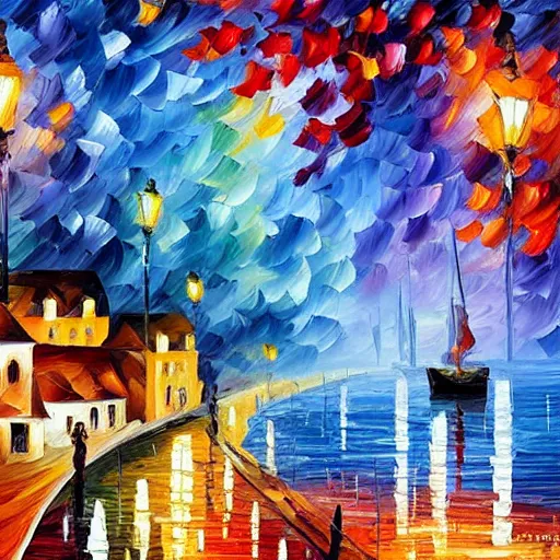 Image similar to beautiful cityscape of a seaside village in the style of leonid afremov