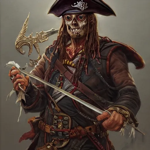 Image similar to Zombie pirate Captain wielding a sandstone rapier and sandstone dagger. Wearing a hat with an impressive feather and with a brutal scar across his neck, fantasy D&D character, portrait art by Donato Giancola and Bayard Wu, digital art, trending on artstation, 4k