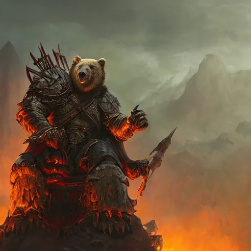 Image similar to Bear, Anthropomorphized, as scarred warlord general on throne, magic the gathering artwork, D&D, fantasy, cinematic lighting, centered, symmetrical, highly detailed, digital painting, artstation, concept art, smooth, sharp focus, illustration, volumetric lighting, epic Composition, 8k, art by Akihiko Yoshida and Greg Rutkowski and Craig Mullins, heroic pose, oil painting, cgsociety, Battlefield background, explosions, arrows