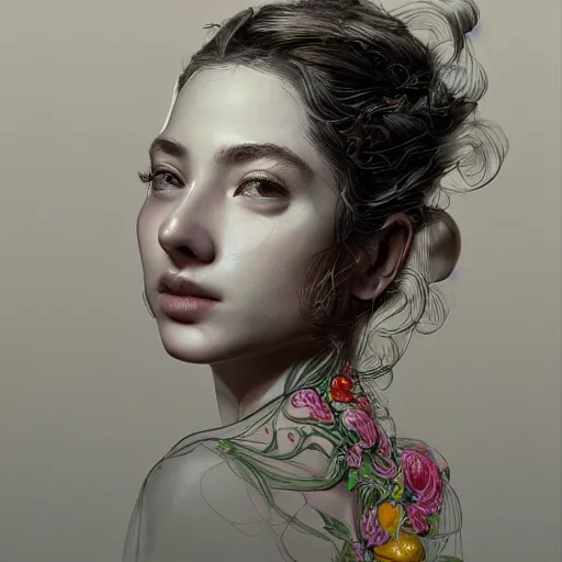 Image similar to the portrait of an absurdly beautiful, graceful, elegant, sophisticated, young perky girl made up of lemons, an ultrafine hyperdetailed illustration by kim jung gi, irakli nadar, intricate linework, bright colors, octopath traveler, final fantasy, unreal engine 5 highly rendered, global illumination, radiant light, detailed and intricate environment