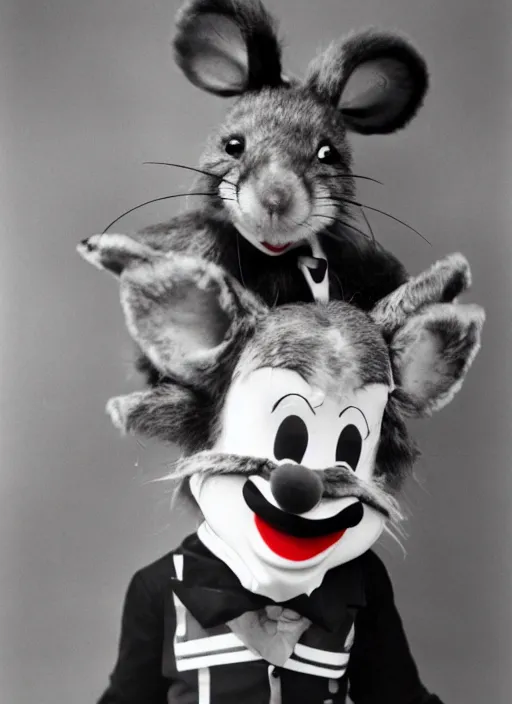 Prompt: Chuck E. Cheese mascot grainy 1940’s circus portrait of an anthropomorphic rat animatronic dressed like a clown, professional portrait HD, mouse, Chuck E. Cheese head, authentic, mouse, costume weird
