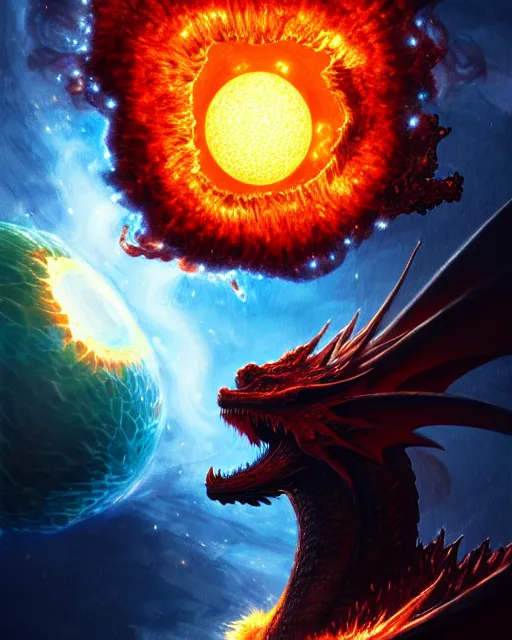 Prompt: dragon hatching inside a supernova solar flare, sun molten lava explosion, fantasy character portrait, ultra realistic, anime key visual, full body concept art, intricate details, highly detailed by greg rutkowski, ilya kuvshinov, gaston bussiere, craig mullins, simon bisley