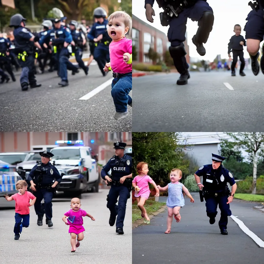 Prompt: a toddler running from a group of police officers