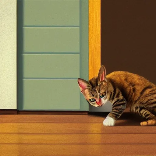 Prompt: house cat eating a photus in the living room next to a door by gref rutkowski