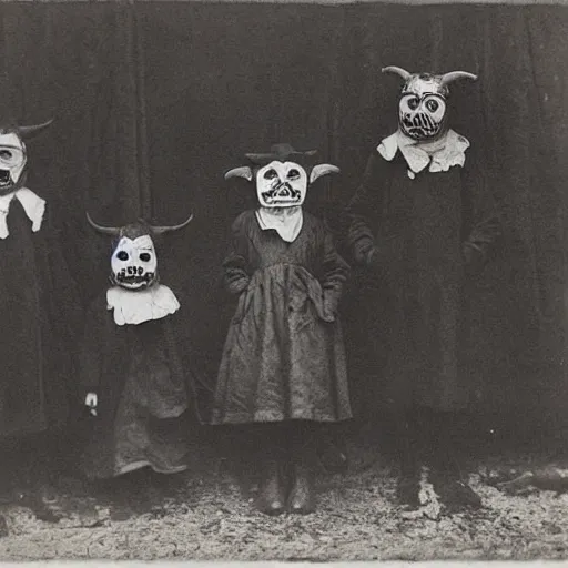 Prompt: portrait of children wearing devil masks, photograph, style of atget, 1 9 1 0, creepy, dark