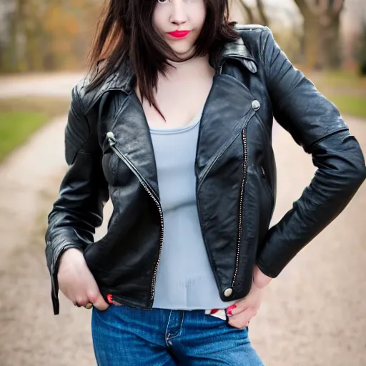 Image similar to young woman in her 20s, she wears a leather jacket and boots, photography, very detailed face, full body shot