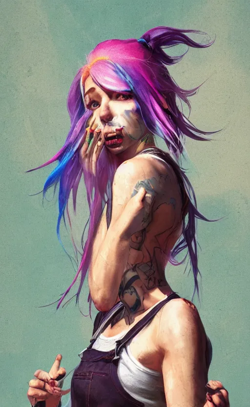 Prompt: a grungy woman with rainbow hair, drunk, angry, soft eyes and narrow chin, dainty figure, long hair straight down, torn overalls, basic white background, side boob, symmetrical, single person, style of by Jordan Grimmer and greg rutkowski, crisp lines and color, klms,