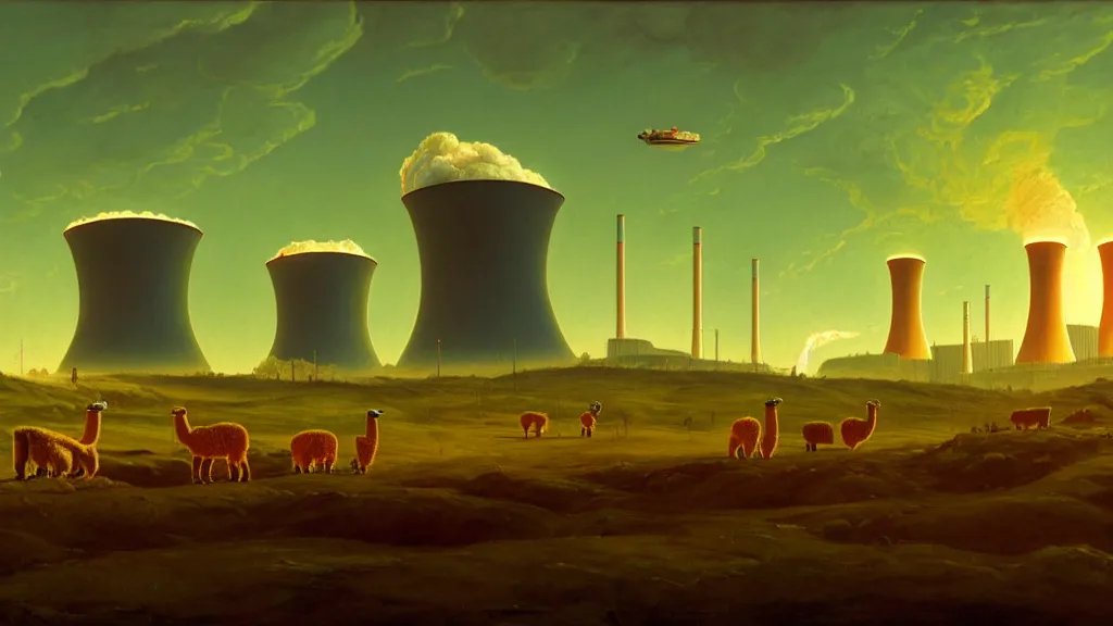 Prompt: A nuclear power plant in utopia by Simon Stålenhag and J.M.W. Turner, oil on canvas<photobomb>Alpaca</photobomb>; Nuclear Fallout, Art Direction by Adam Adamowicz; 4K, 8K Ultra-Realistic Depth Shading; Epic 4k dream drone shots