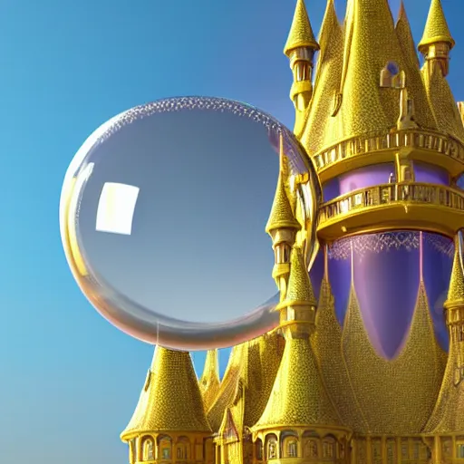 Prompt: a irisdescent bubble flies high in the clouds. a magical mirror castle floats in this bubble, with yellow diamonds on the facade and many filigree turrets, insanely detailed, 8 k, 3 d, splendid