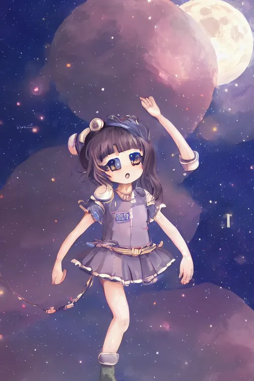 Image similar to anime girl space girl on the moon waving, cute, fantasy, intricate, elegant, highly detailed, digital painting, 4k, HDR, concept art, smooth, sharp focus, illustration, art by Serafleur