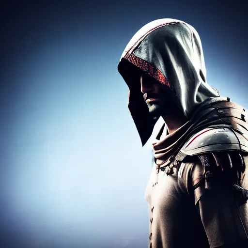 Prompt: Photo of a Bayek as a cyberpunk assassin, assassin's creed, cyberpunk, futuristic attire, close-up, high detail, studio, mystery, ominous background, smoke, 85mm Sigma Art Lens