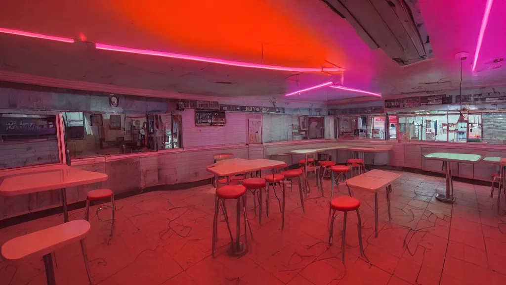 Image similar to the inside of an abandoned 5 0's diner at night, by lee madgwick, pink and orange neon lights, highly detailed interior, artstation trending, cryenging 8 k uhd