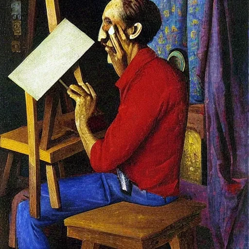 Prompt: a painter at his easel crying in despair, painting by Max Ernst