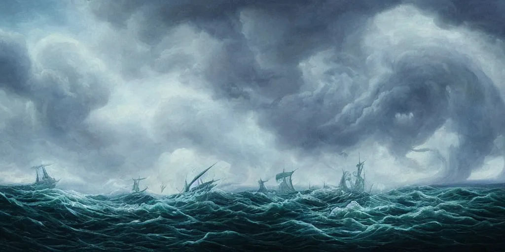 Prompt: kraken!!!!!!!!!!!!!!!! tentacles!!!!!!!!!!! stormy sea!!!!!! steamship boat dramatic clouds painting
