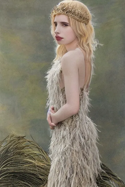 Prompt: blonde emma roberts as a queen of feathers, goddess of the wild, silk dress by rosetti and alan lee
