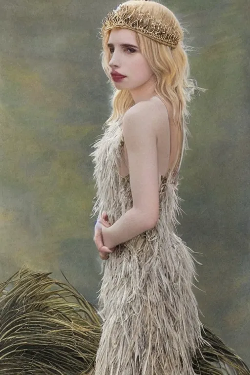 Image similar to blonde emma roberts as a queen of feathers, goddess of the wild, silk dress by rosetti and alan lee