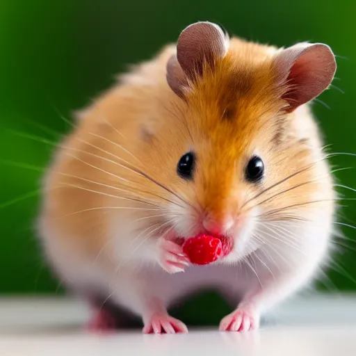 Image similar to cute hamster offering a raspberry to the photo lense, macro photography, wide angle lens, blurred background